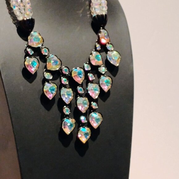 Vtg Yves Saint Laurent YSL Crystal Aurora Borealis Heart Necklace Collar Bib - Picture 13 of 15